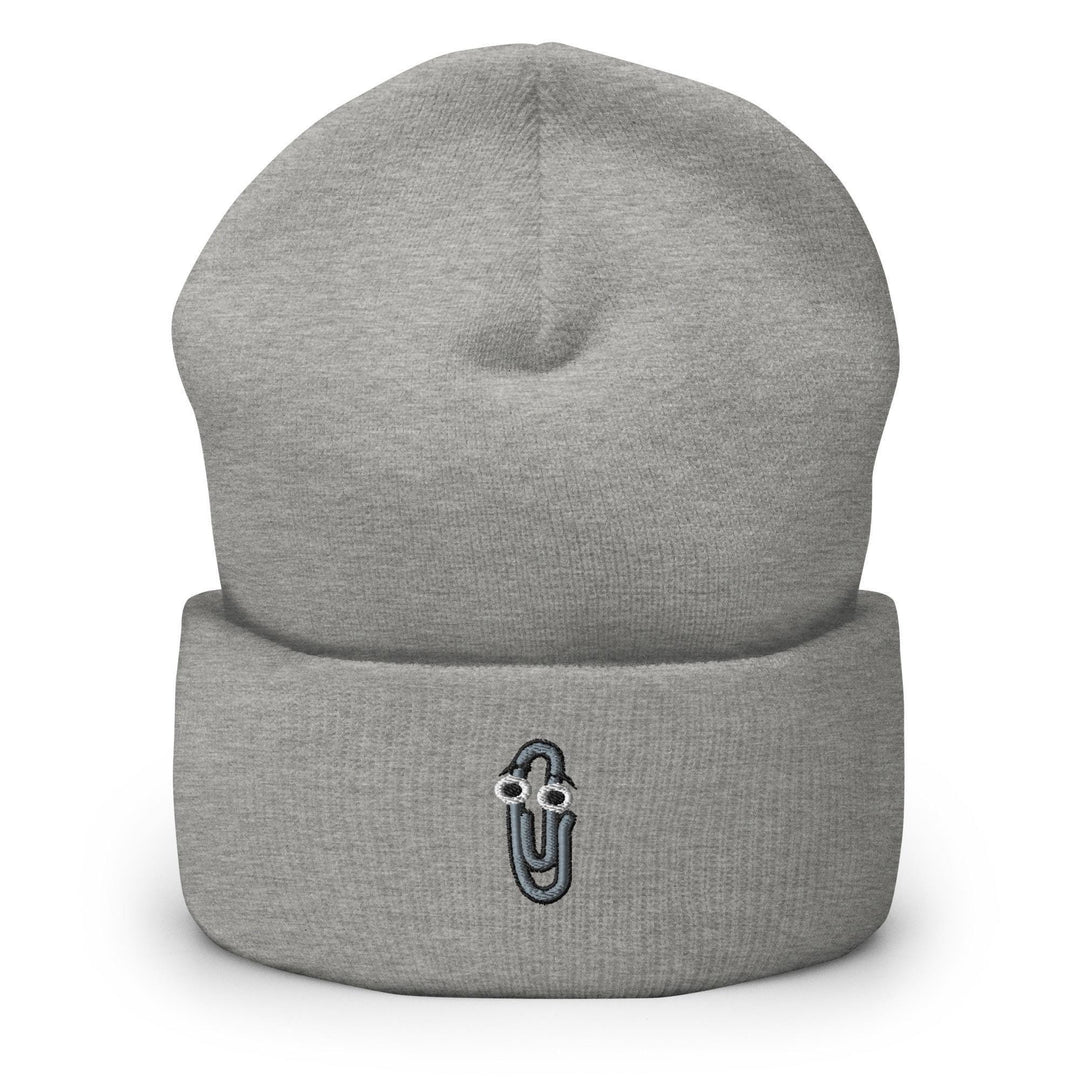 a grey beanie with a black and white logo