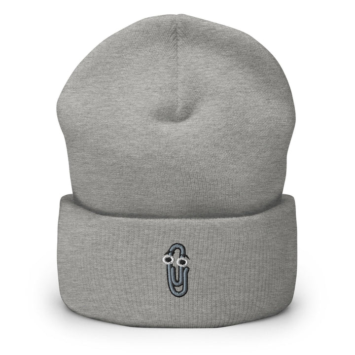 a grey beanie with a black and white logo