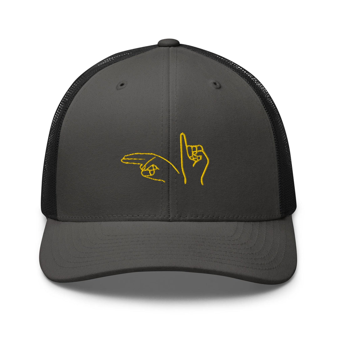 a gray and black trucker hat with a yellow outline of a hand holding a