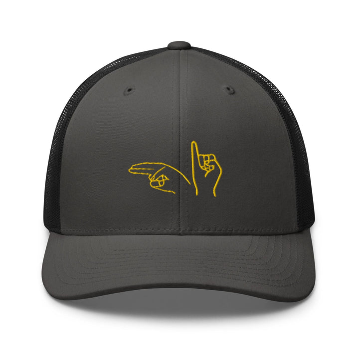 a gray and black trucker hat with a yellow outline of a hand holding a