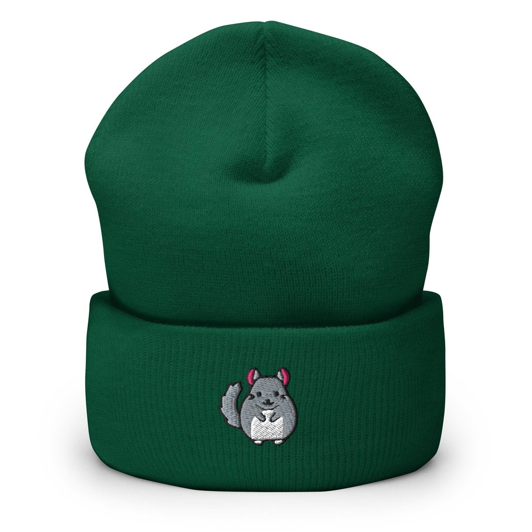 a green beanie with a picture of a squirrel on it
