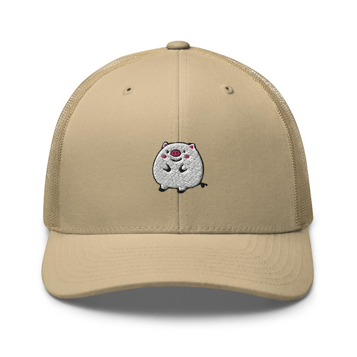a tan trucker hat with a cartoon cat on it