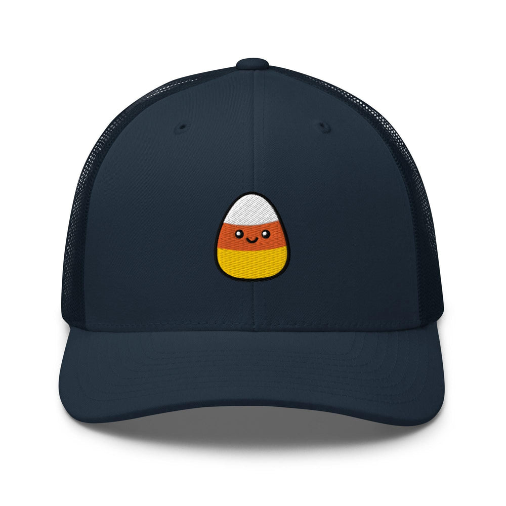 a trucker hat with an image of a candy corn on it