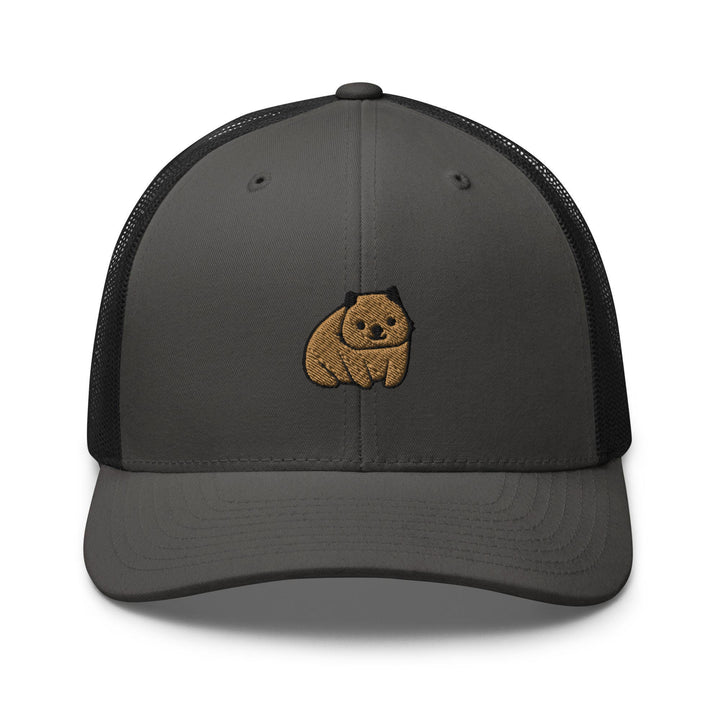 a gray and black hat with a brown bear embroidered on the front