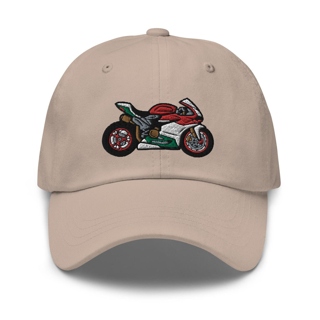 a tan hat with a motorcycle embroidered on it
