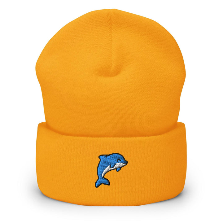 a yellow hat with a dolphin on it