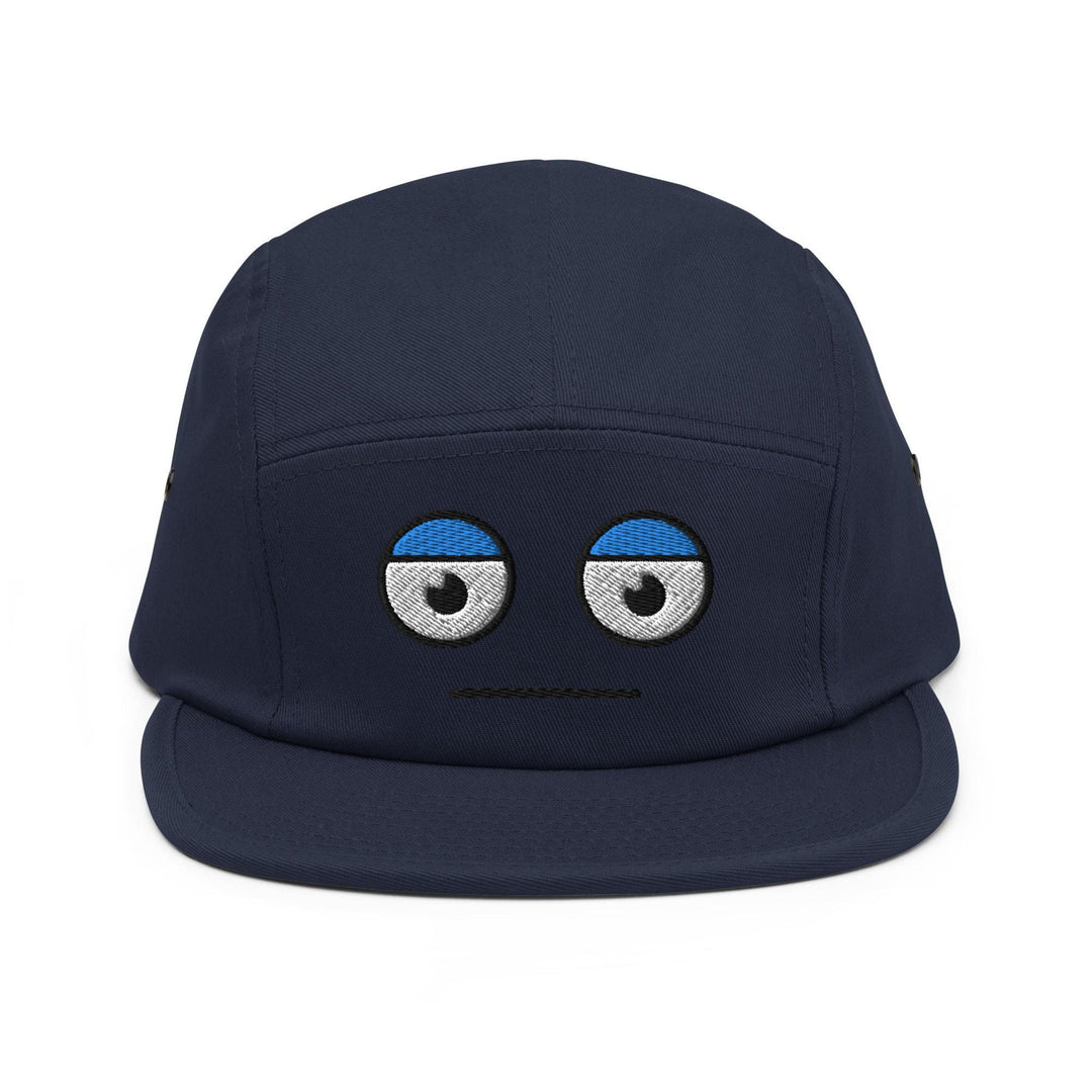 a blue hat with eyes on it