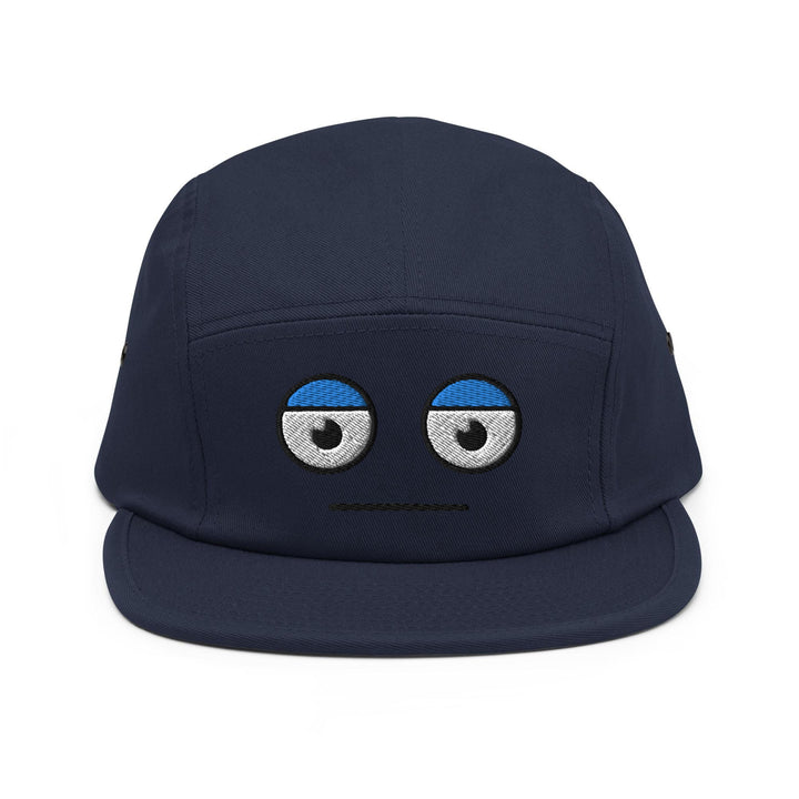 a blue hat with eyes on it