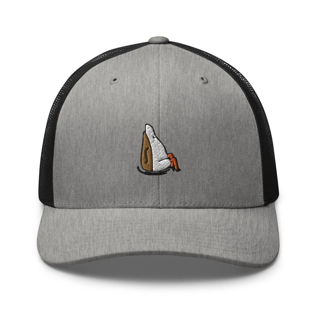 a gray and black trucker hat with a picture of a dog on it