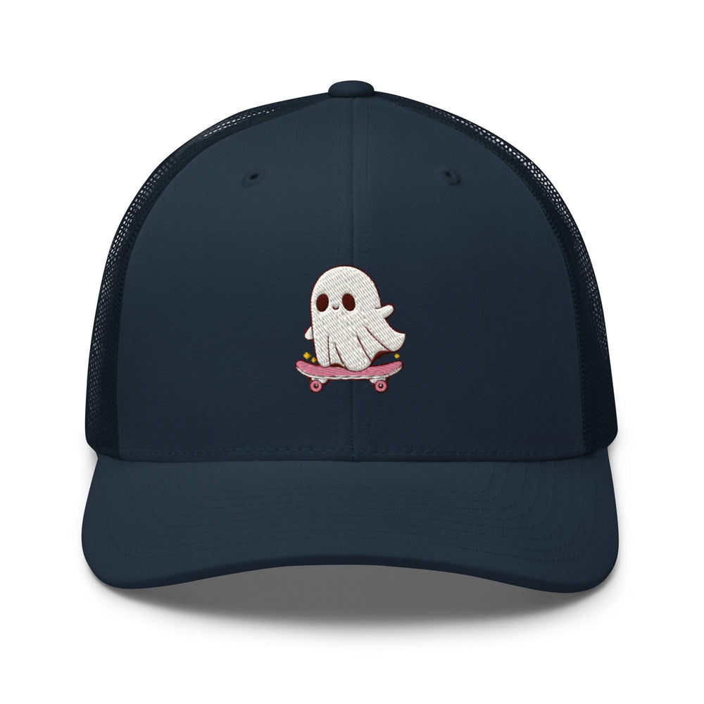 a blue hat with a white ghost riding a skateboard