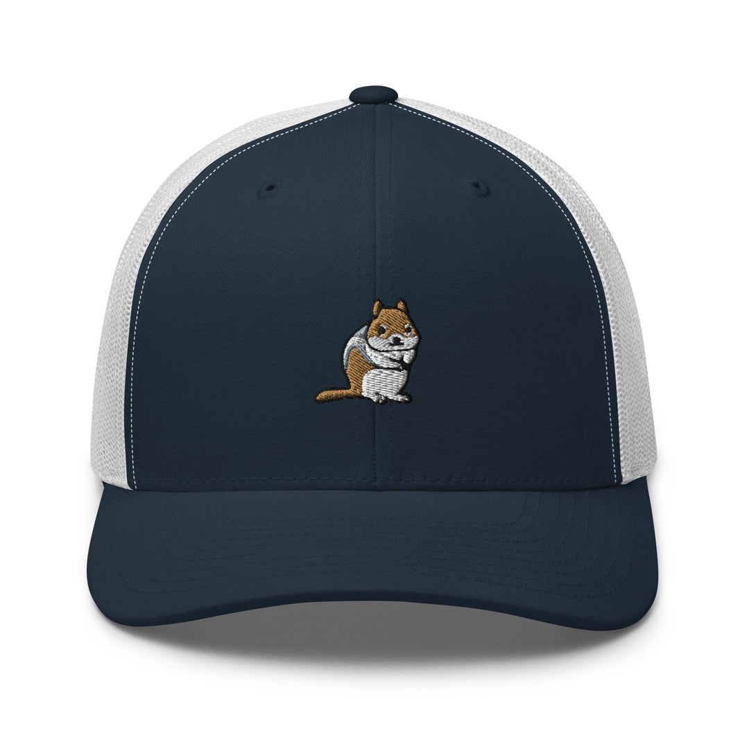 a blue and white trucker hat with a cartoon cat on it