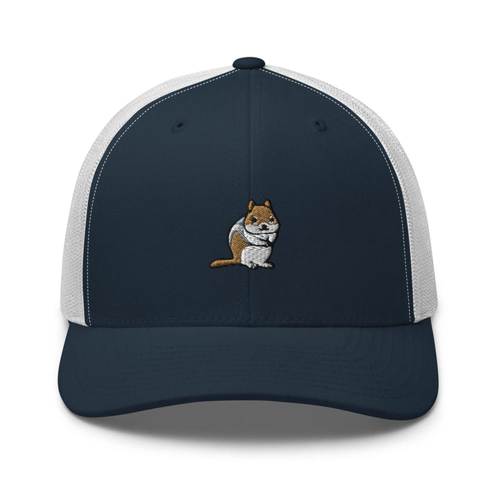 a blue and white trucker hat with a cartoon cat on it
