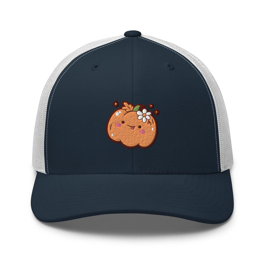 a trucker hat with a pumpkin embroidered on the front