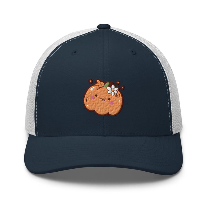 a trucker hat with a pumpkin embroidered on the front