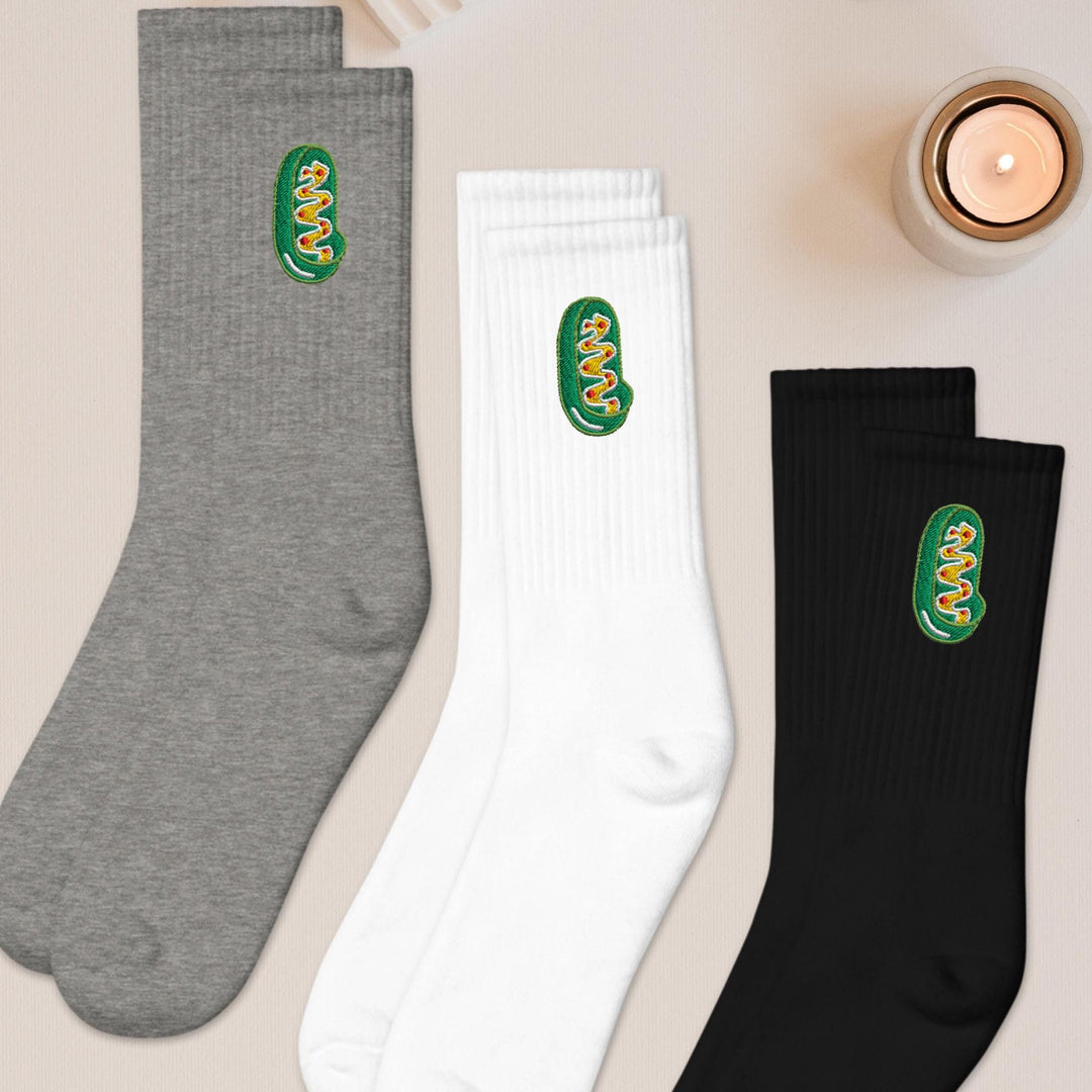 three pairs of socks sitting on top of a table