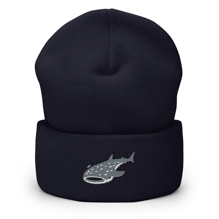 a black beanie with a fish on it