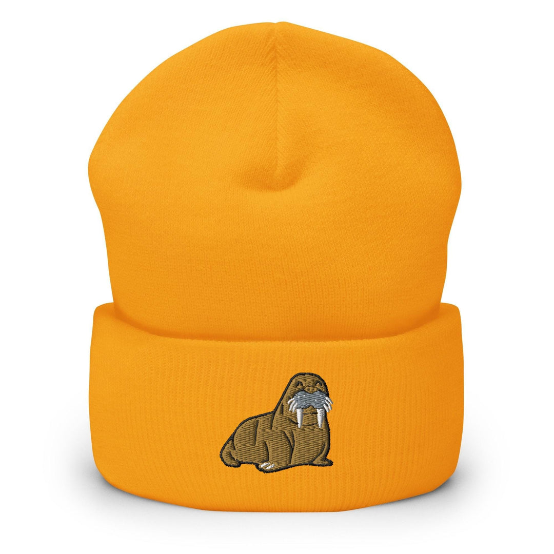 a yellow beanie with a beaver on it