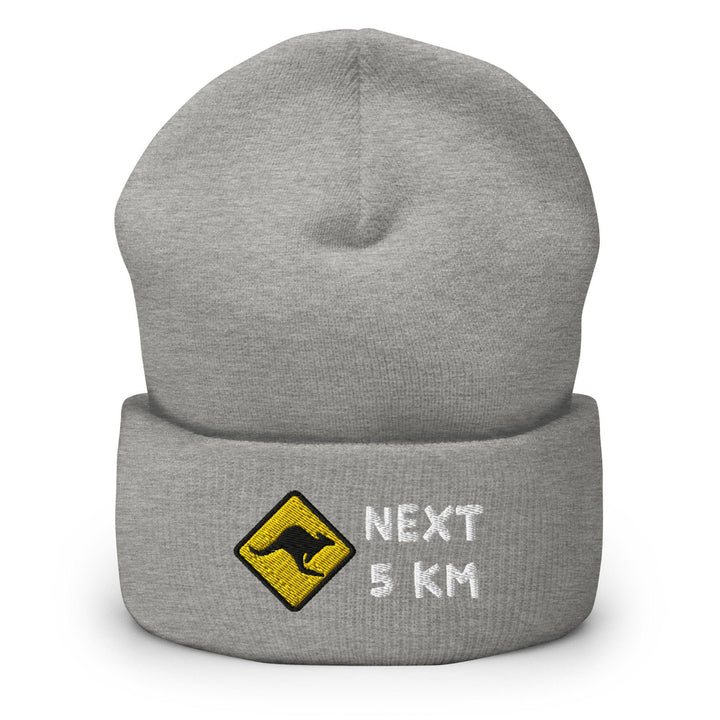 a grey hat with a kangaroo on it