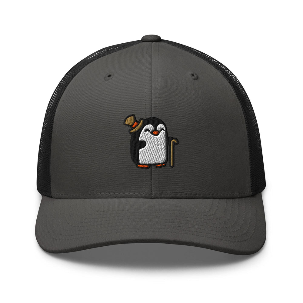 a grey and black hat with a penguin on it
