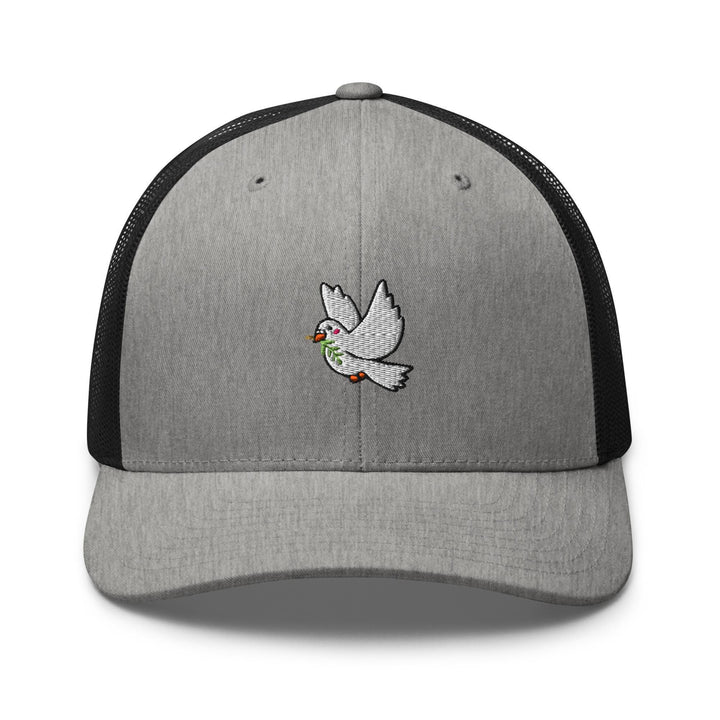 a gray and black trucker hat with a bird embroidered on the front