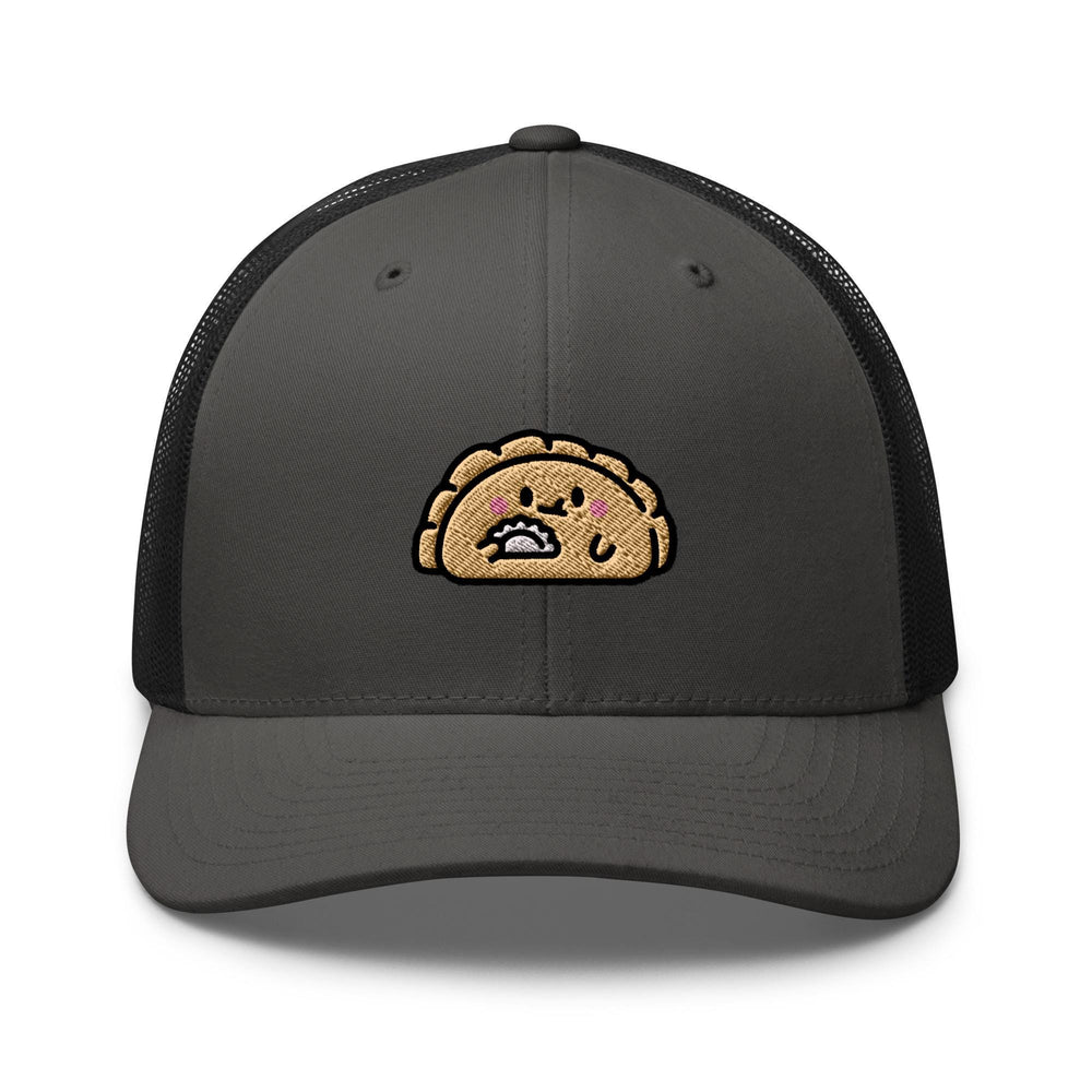 a gray and black trucker hat with a cartoon turkey on it