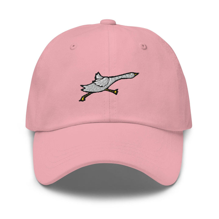 a pink hat with a bird embroidered on it