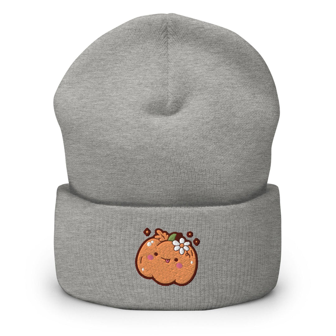 a gray beanie with a cartoon character on it