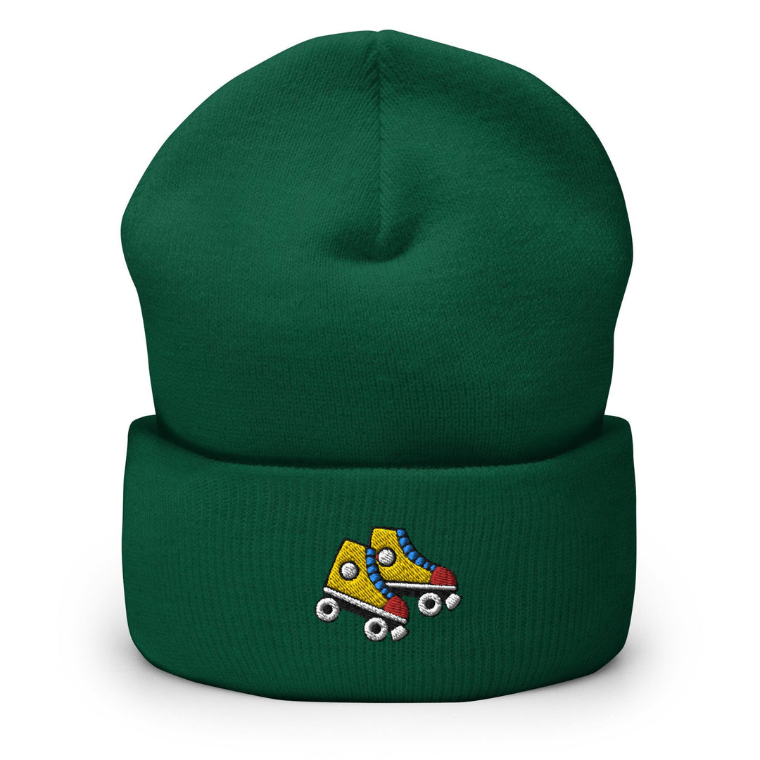 a green beanie with a yellow roller skate on it