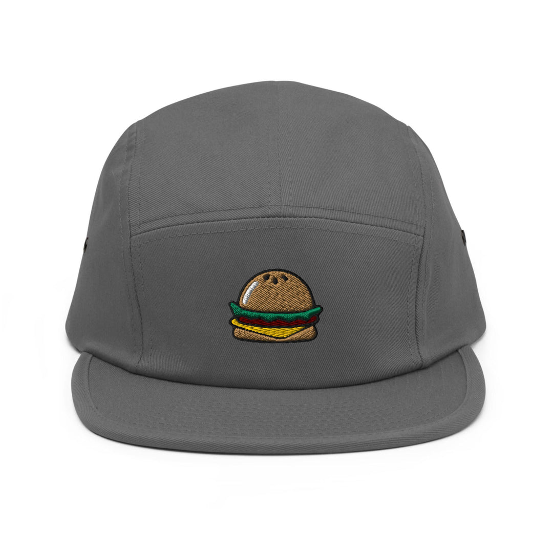 a grey hat with a hamburger embroidered on it