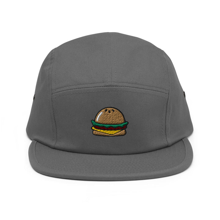 a grey hat with a hamburger embroidered on it
