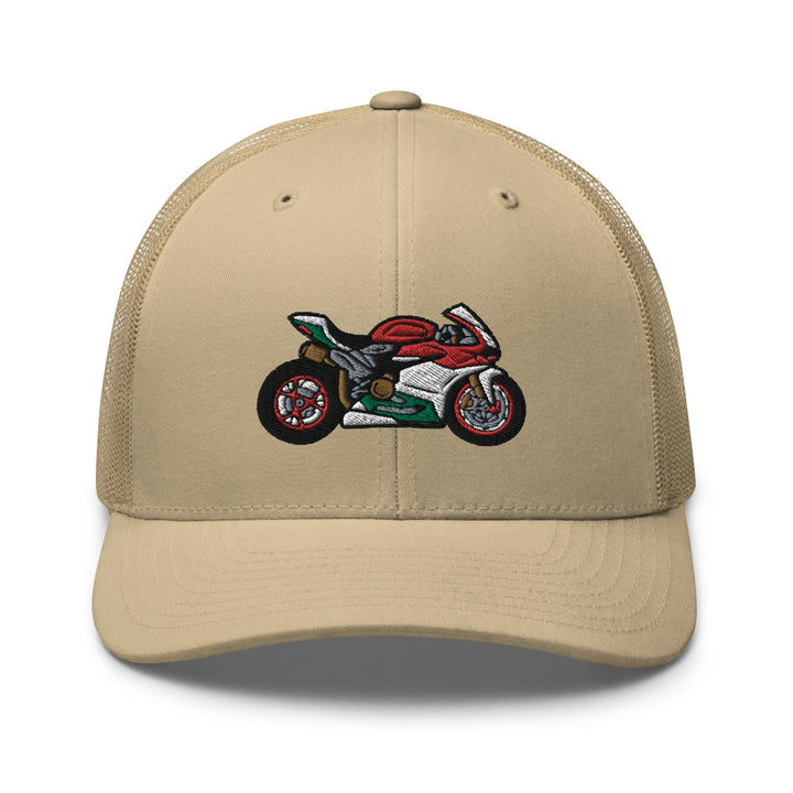 a tan hat with a motorcycle embroidered on it