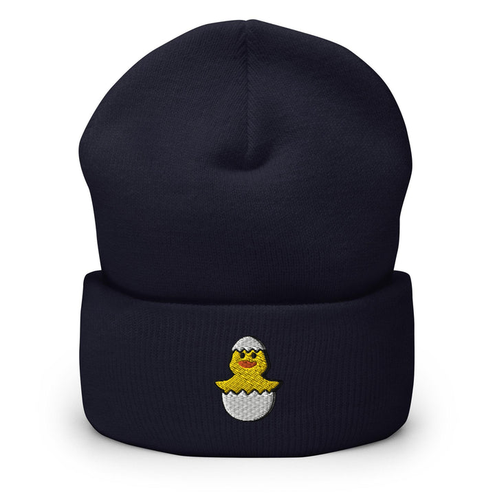 a blue beanie with a yellow star on it