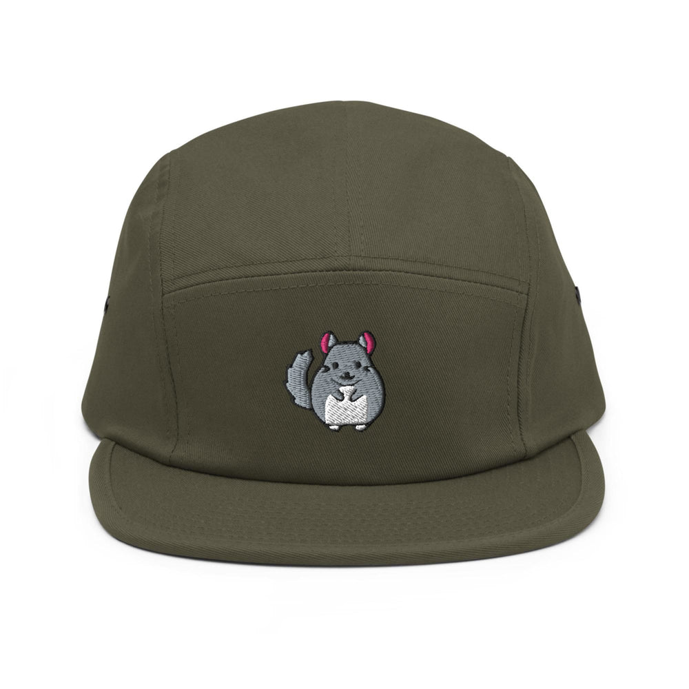 a green hat with a picture of a squirrel on it