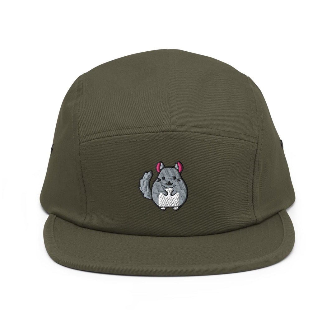 a green hat with a picture of a squirrel on it