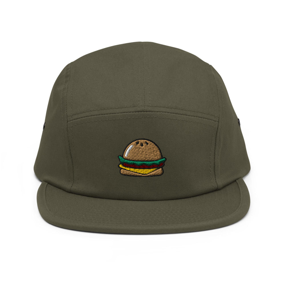 a green hat with a hamburger embroidered on it