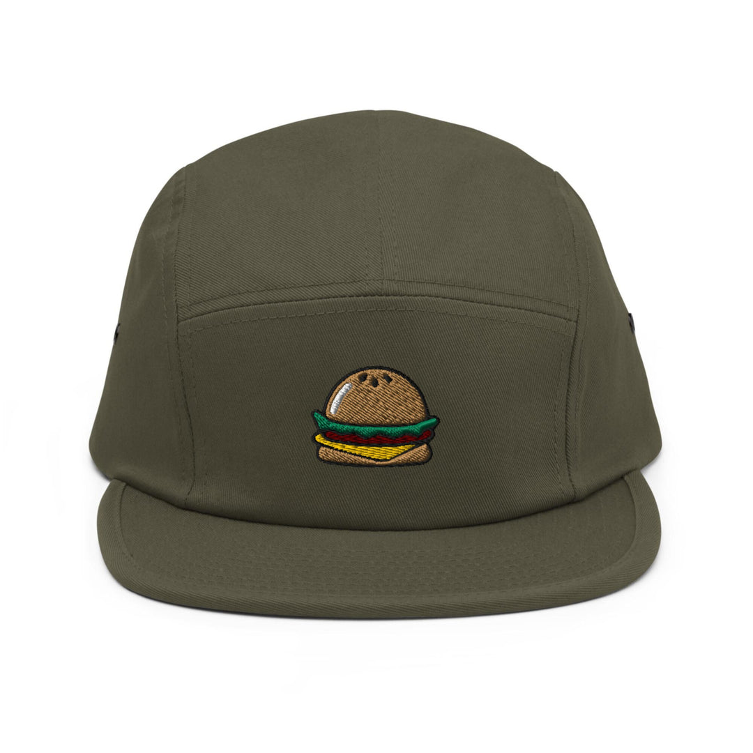 a green hat with a hamburger embroidered on it