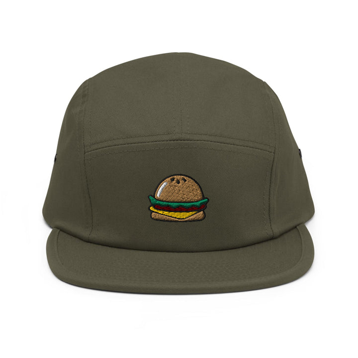 a green hat with a hamburger embroidered on it
