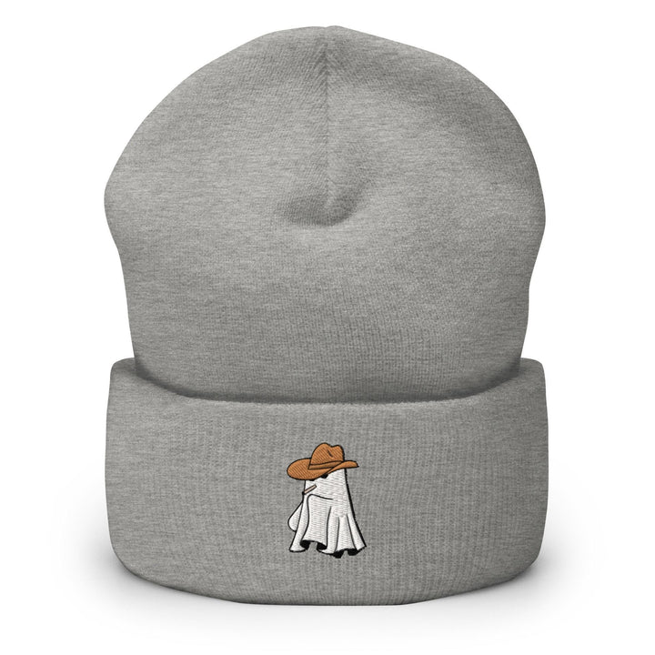 a grey beanie with a cartoon character on it