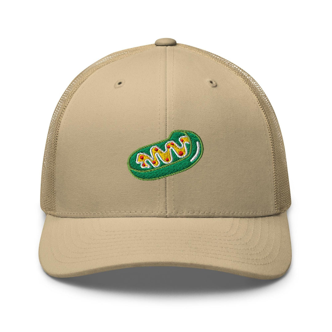 a khaki trucker hat with a green logo