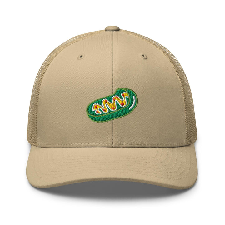 a khaki trucker hat with a green logo