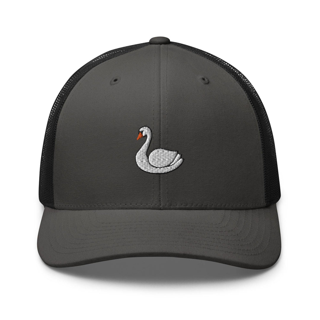 a gray and black trucker hat with a white swan embroidered on the front
