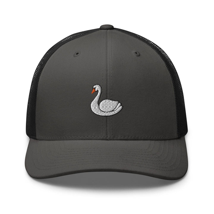 a gray and black trucker hat with a white swan embroidered on the front