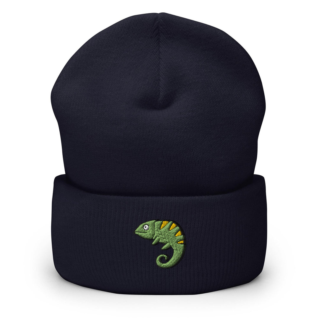 a blue beanie with a green chamelon embroidered on it