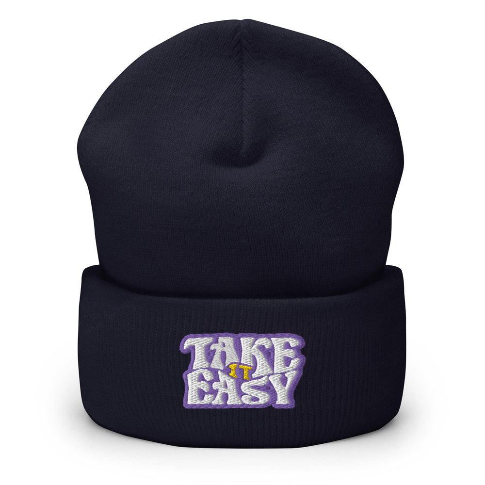 a beanie hat with the words take easy on it