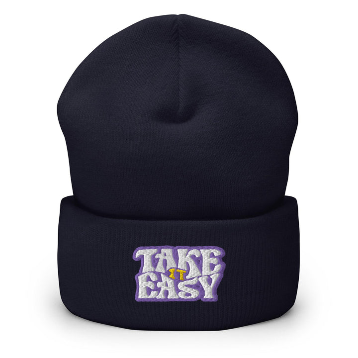 a beanie hat with the words take easy on it