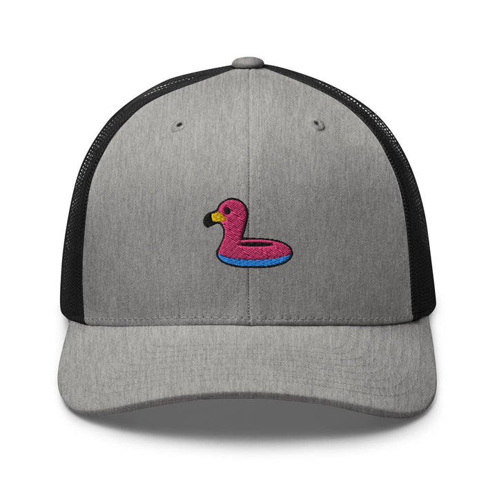a gray and black hat with a pink duck on it