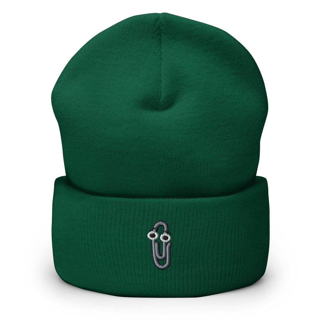 a green beanie hat with a silver logo