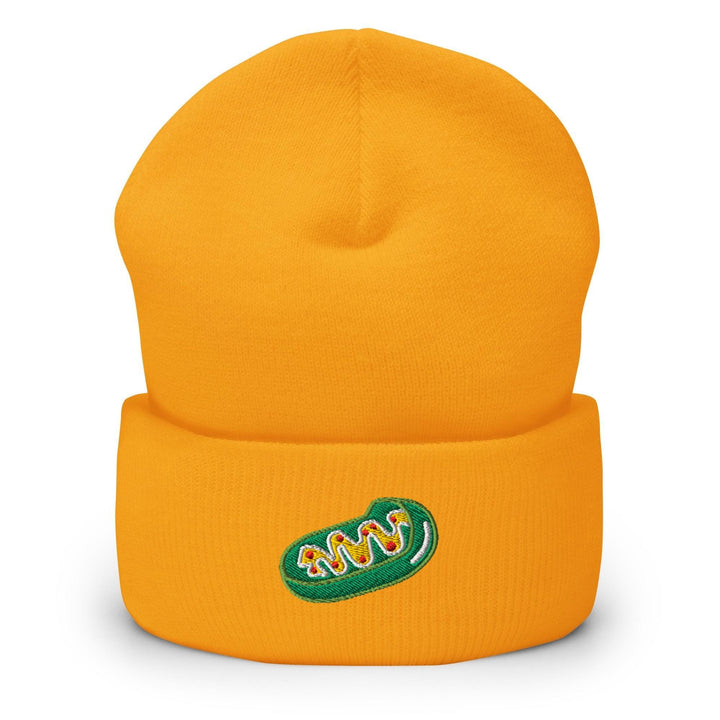 a yellow beanie with a green logo on it