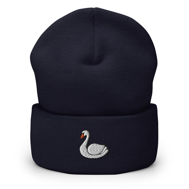 a black beanie with a white swan on it