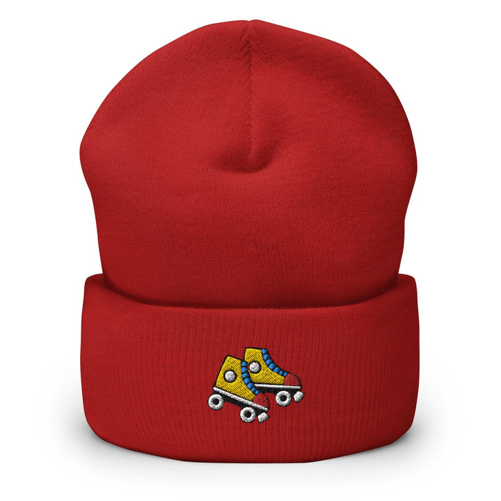a red beanie with a yellow roller skate on it